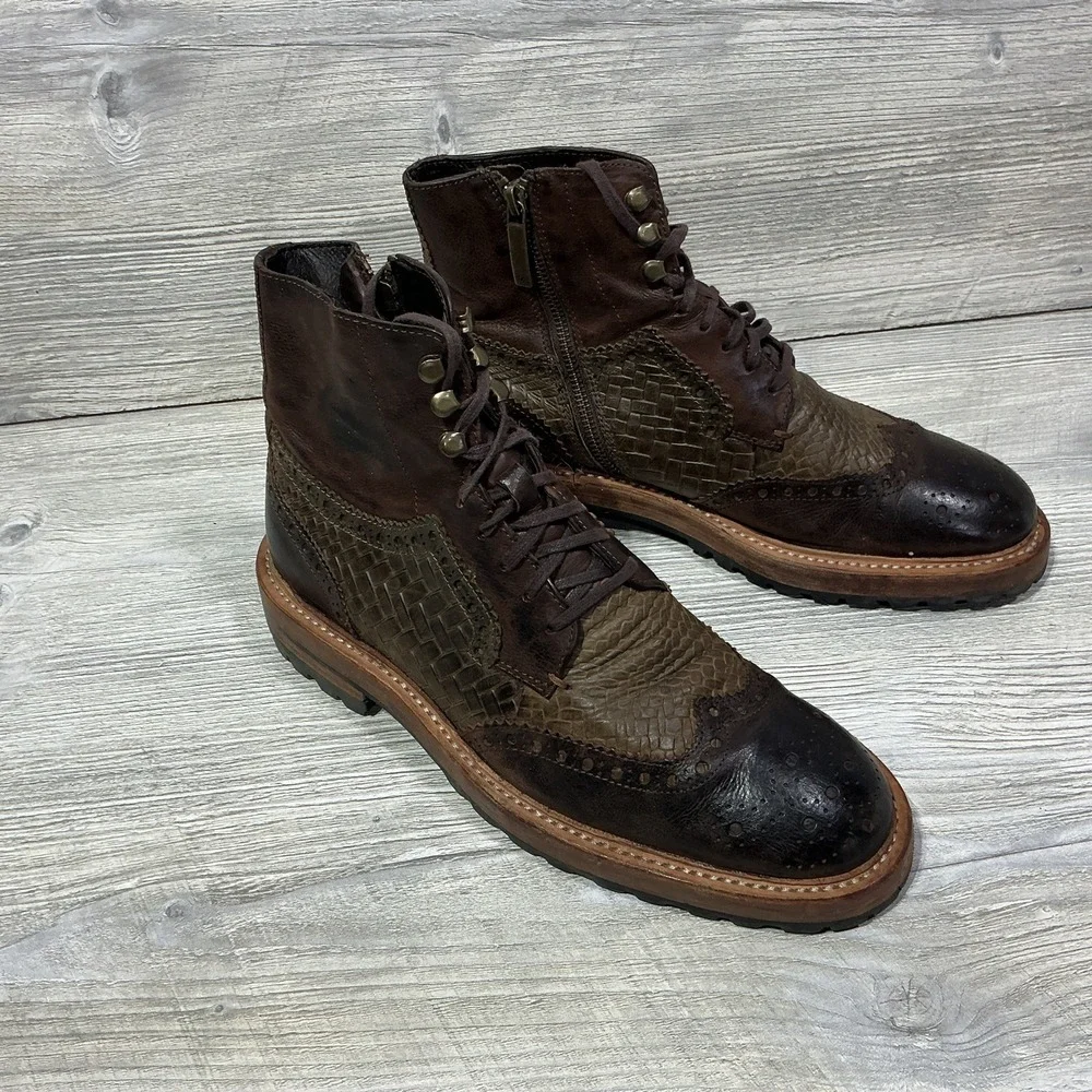 Donald J. Pliner Ziroc 56 Men's Size 8 M Brown Leather Wingtip Lace Up Zip Boots